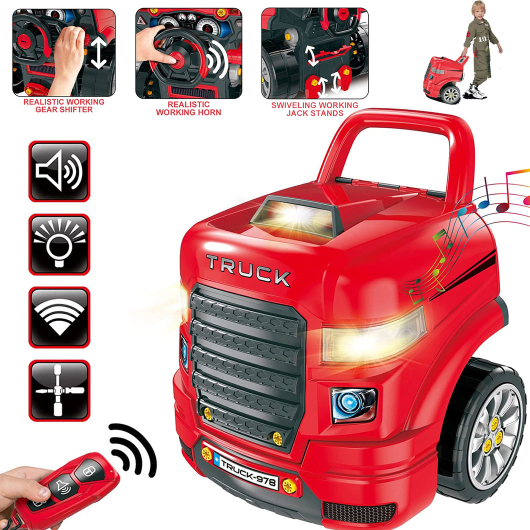 Pretend Play Realistic Mechanic Take Apart Building Toy Truck with Remote Control Key with Sound and Light Functions- Red-TRCK-R