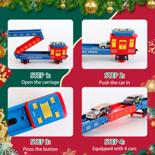 Load image into Gallery viewer, Electric Christmas Train Set with Deformable Carriage 4 Random Alloy Cars Sound Smoke and Cool Light Christmas Tree Train Gift for Kids
