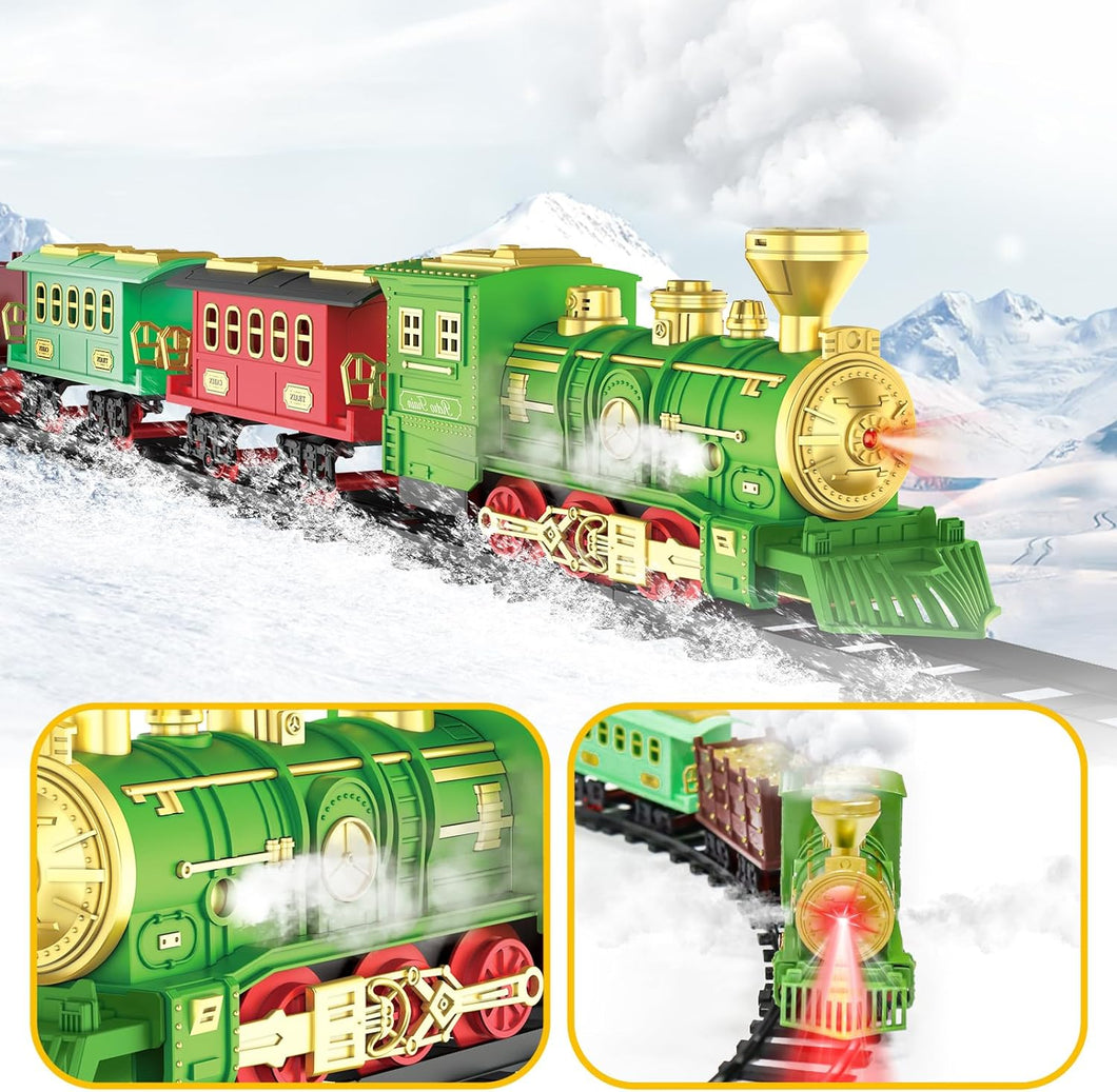 Green Christmas Tree Toy Steam Train Set w/ Lights Sounds Christmas Train Set Electric Train Sets for Kids Toy Christmas Under Tree Decoration