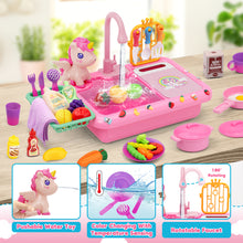 Load image into Gallery viewer, Kids Kitchen Sink Playset with Real Running Water ¨C Includes Colorful Food Accessories, Cookware, Hanging Rack, Chopping Board, and Ample Storage Space ¨C Fun and Educational Role-Play Toy for Boys and Girls Aged 3+
