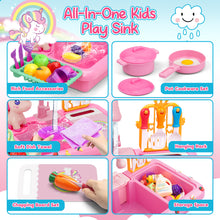 Load image into Gallery viewer, Kids Kitchen Sink Playset with Real Running Water ¨C Includes Colorful Food Accessories, Cookware, Hanging Rack, Chopping Board, and Ample Storage Space ¨C Fun and Educational Role-Play Toy for Boys and Girls Aged 3+
