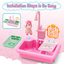Load image into Gallery viewer, Kids Kitchen Sink Playset with Real Running Water ¨C Includes Colorful Food Accessories, Cookware, Hanging Rack, Chopping Board, and Ample Storage Space ¨C Fun and Educational Role-Play Toy for Boys and Girls Aged 3+

