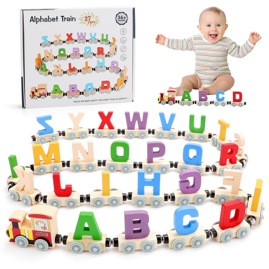 Wooden Alphabet Train Set for Toddlers – 27 PCS Magnetic Wooden Train Cars with A–Z Letters – Montessori Educational Toy for Preschool Kids Age 3+ – Early Learning & STEM Development Gift