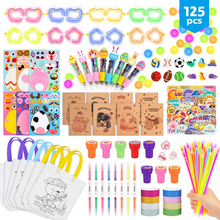 Load image into Gallery viewer, 125PCS Party Stationery &amp; Craft Set with Pens, Stickers, Stamps, Notebooks, Glow Items &amp; DIY Bags
