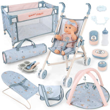 Load image into Gallery viewer, 6-in-1 Baby Doll  Playset, Baby Doll Pretend Role Playset with Dolls Cot, Dolls Pushchair, Play Mat, Swing Crib, Travel Bag, Doll Included, Pretend Role Play Accessories Gift for Kids Aged 3+
