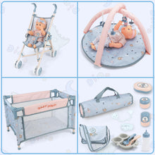 Load image into Gallery viewer, 6-in-1 Baby Doll  Playset, Baby Doll Pretend Role Playset with Dolls Cot, Dolls Pushchair, Play Mat, Swing Crib, Travel Bag, Doll Included, Pretend Role Play Accessories Gift for Kids Aged 3+
