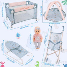 Load image into Gallery viewer, 6-in-1 Baby Doll  Playset, Baby Doll Pretend Role Playset with Dolls Cot, Dolls Pushchair, Play Mat, Swing Crib, Travel Bag, Doll Included, Pretend Role Play Accessories Gift for Kids Aged 3+

