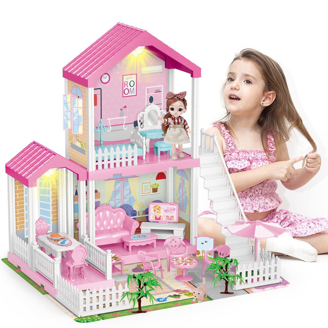 Dollhouse Dream house with Lights Mat Doll House Furnitures 2 Story 3 Rooms DIY Building Pretend Play House Gift for 3+-DH-2
