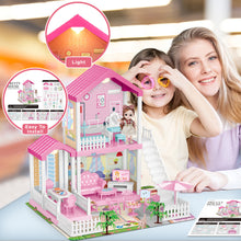 Load image into Gallery viewer, Dollhouse Dream house with Lights Mat Doll House Furnitures 2 Story 3 Rooms DIY Building Pretend Play House Gift for 3+-DH-2
