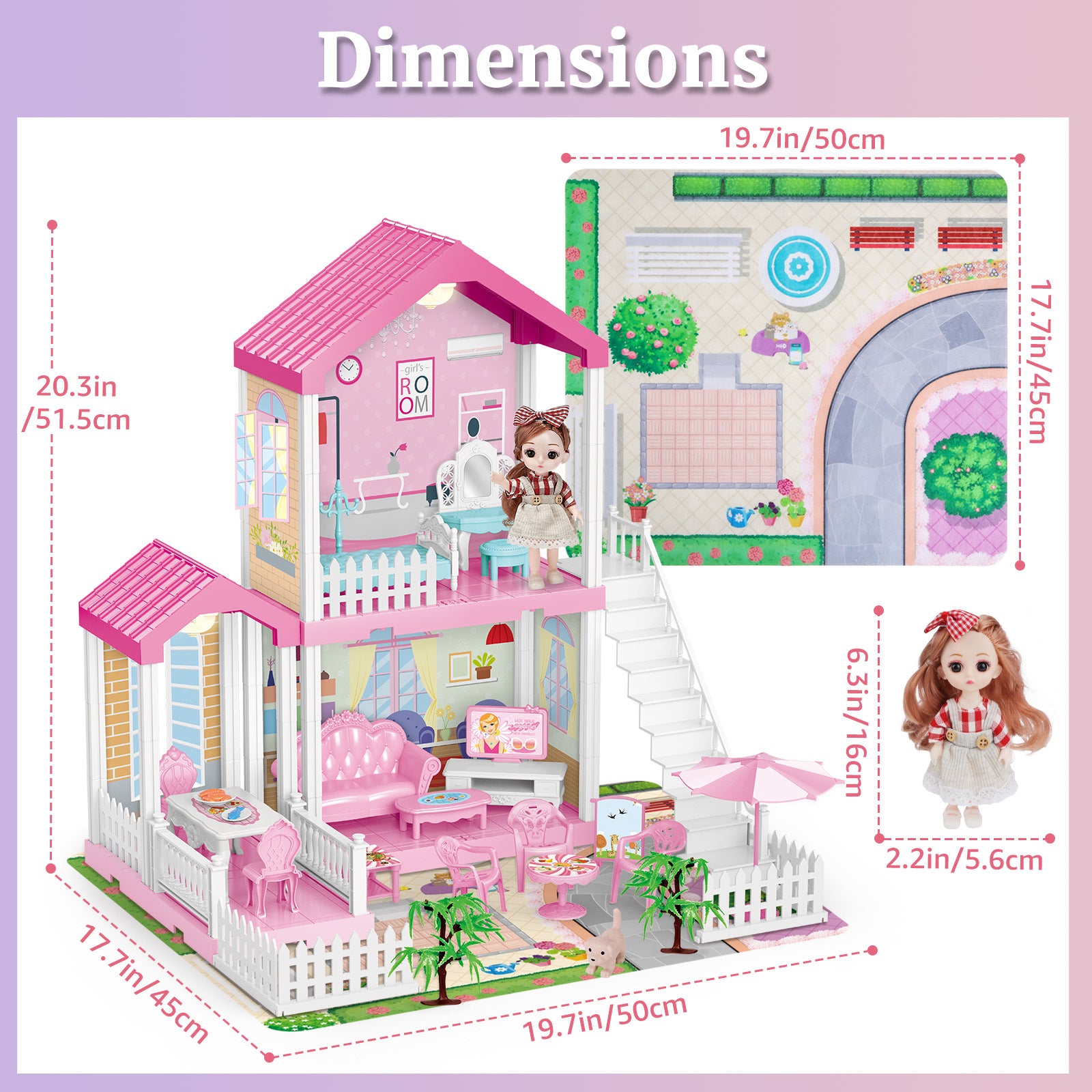 Dollhouse Dream house with Lights Mat Doll House Furnitures 2 Story 3 deaotoys