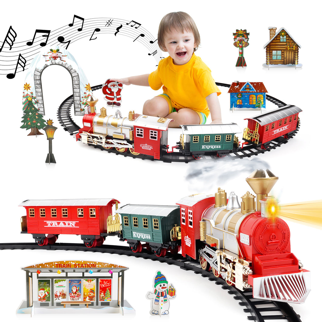 13 Piece Classic Toy Train Set for Kids with Headlight Smoke Realistic Sounds 3 Car Carriage 11 Feet Track Kids Toys Prefect Christmas Gift-XT-01