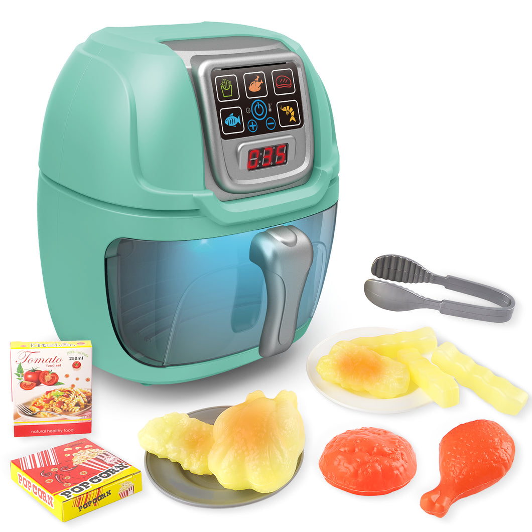 Green Air Fryer Toy Pretend Play Toys Cooking Machine Role Play Set with plates play food accessories food serving tongs-AF-G