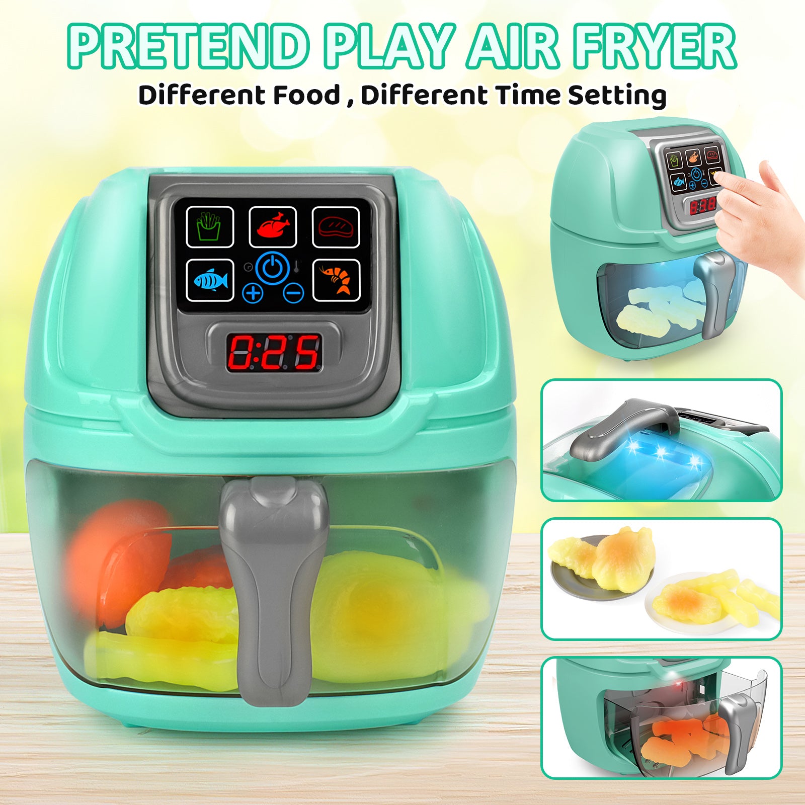 deAO Toy Air Fryer for Kids,19PCS Kitchen Playset Toy with Sounds and  Lights Role Playing Game,Color Changing Play Foods Pretend Food and Cooking
