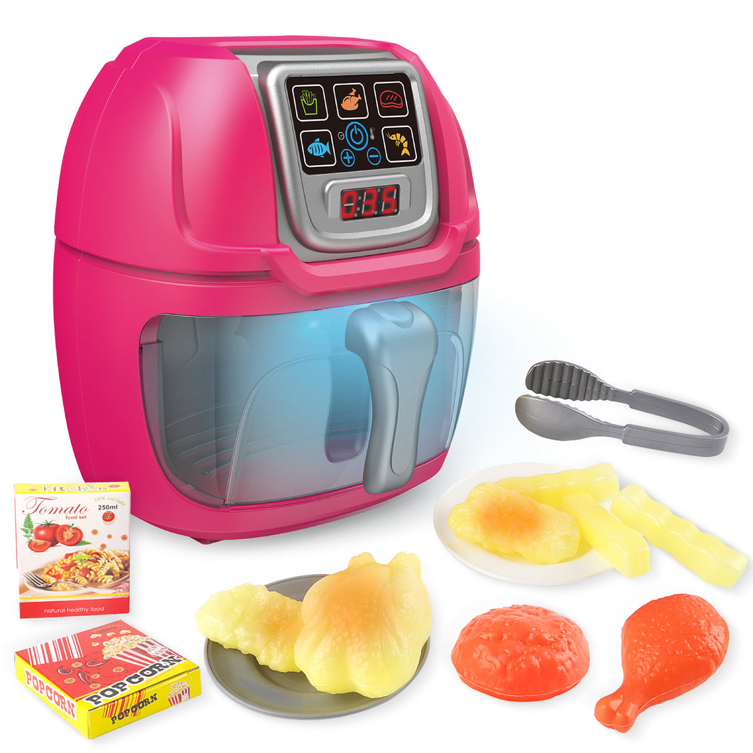 Pink Air Fryer Toy Pretend Play Toys Cooking Machine Role Play Set with plates play food accessories food serving tongs-AF-P