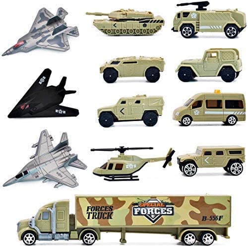 12 Pieces Special Forces Assorted Military Vehicles Scaled Army Toy Play Set -Stealth Bomber Tank Helicopter Jets Kids Toy Christmas Gift -AM7