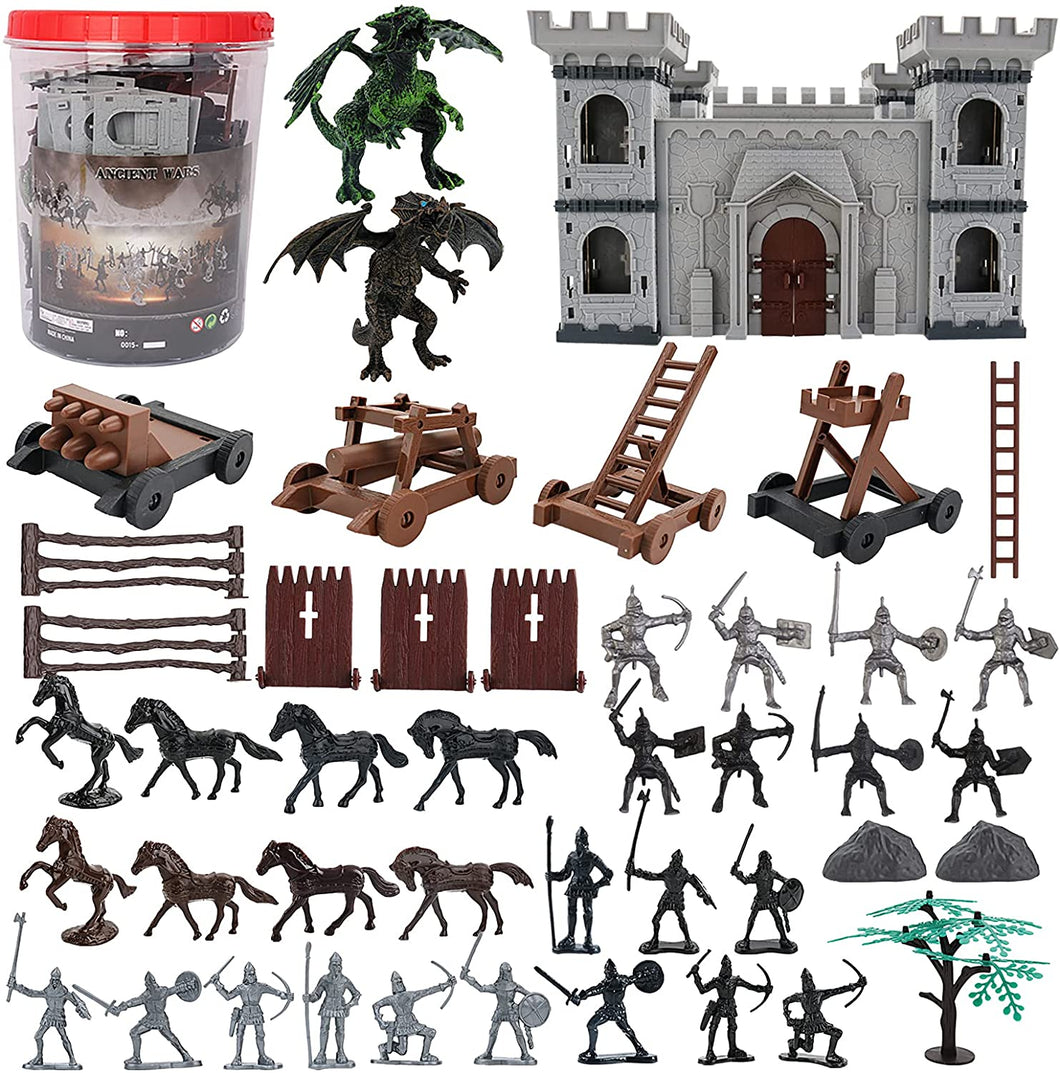 76 Pcs Ancient Wars Play Set w/Castle Soldiers Shield Cart Ladder Flying Dragon Battlefield Accessories War Figures Toys Gift for Kids-AM9