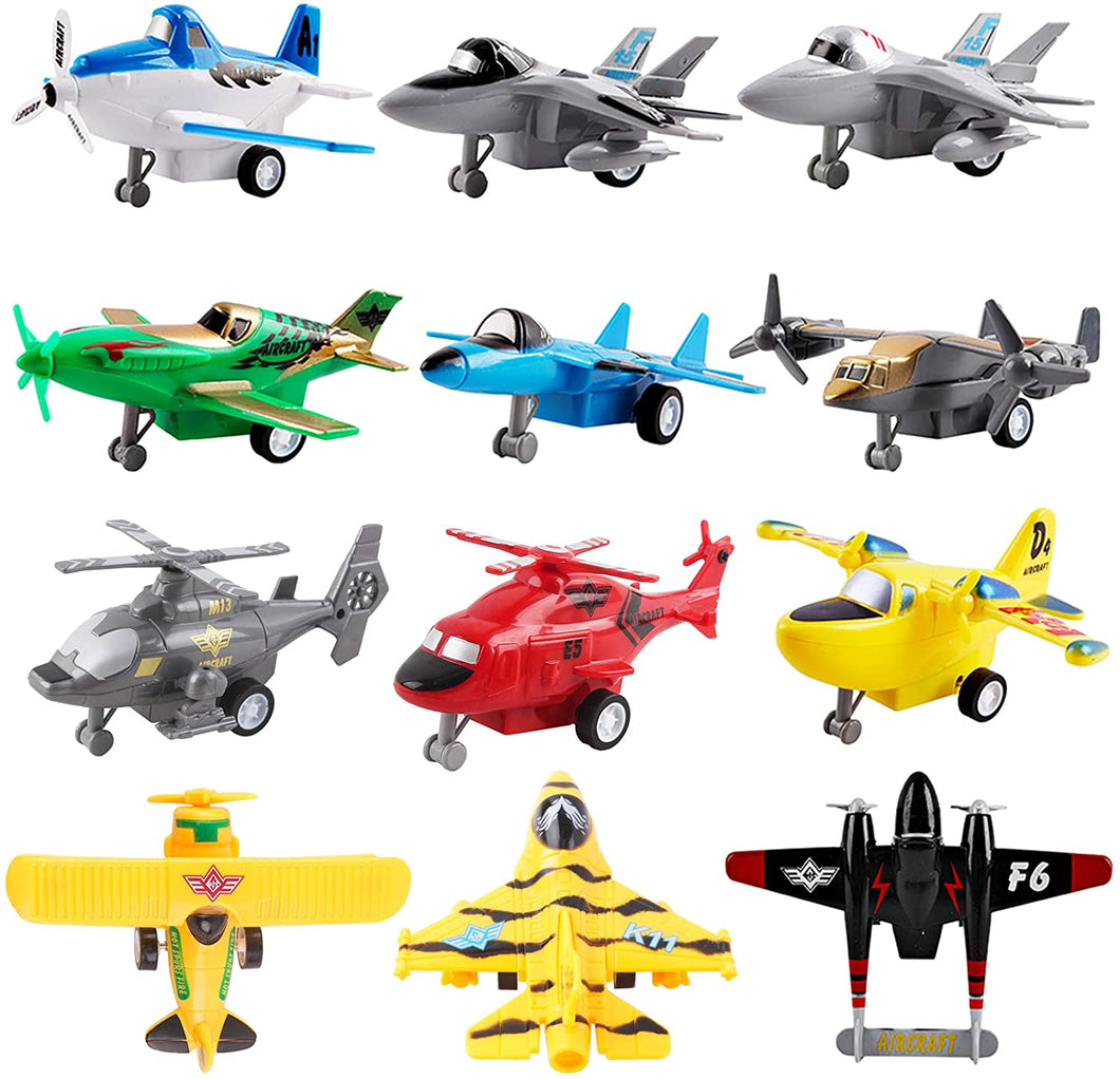 Set of 12 Pull Back Airplanes Vehicle Playset Variety Pack of Helicopters, Stealth Bombers, Fighter Jets, Aircraft, Planes-AP1