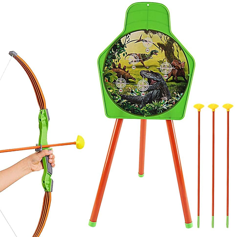 Dinosaur Themed Bow and Arrow Shooting Archery Set with Bow Suction Top Arrows Quiver Target Stand Outdoor Garden Game for Kids-AR-D