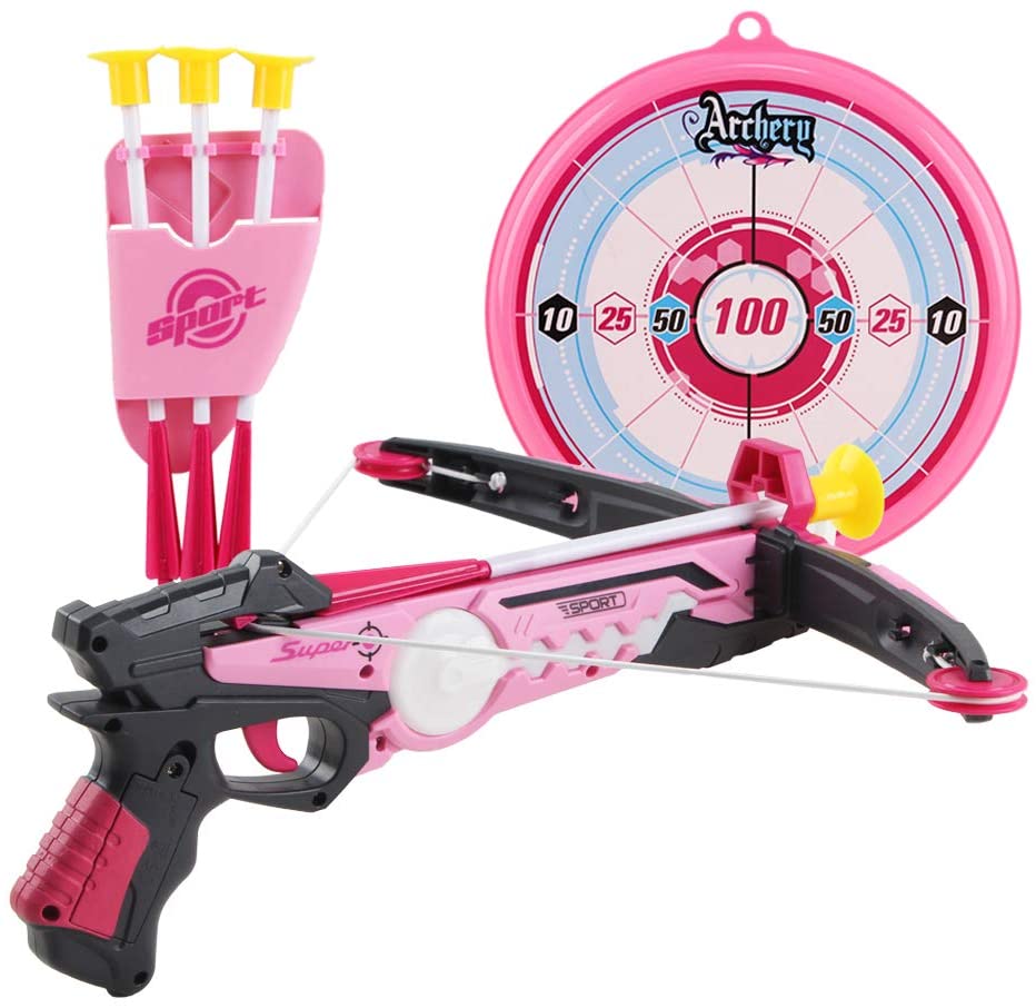 Toy Crossbow Set with Target Suction Cup Arrows and Target Board – Great Indoor and Outdoor Target Games for Kids (Pink)-AR-P