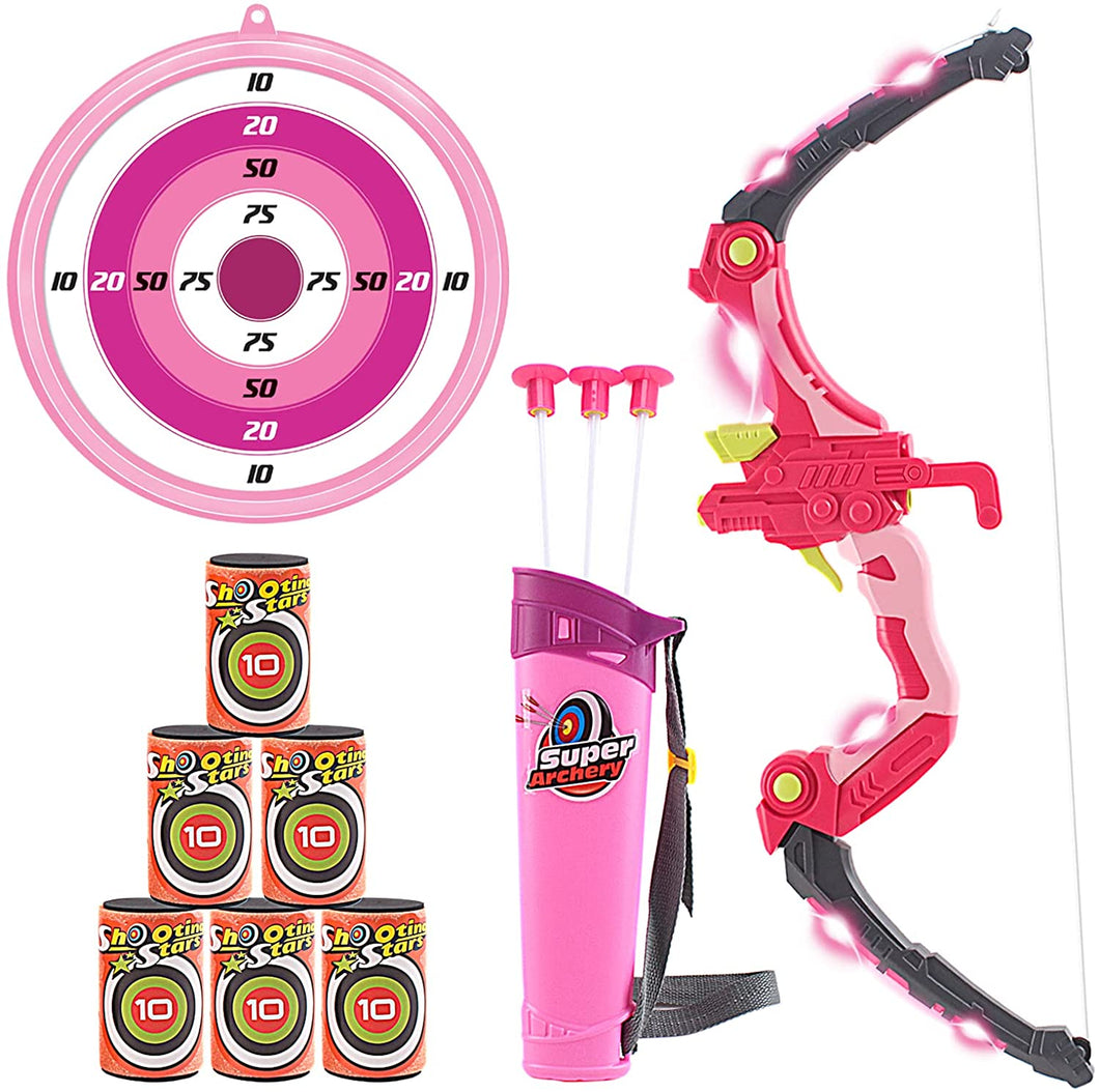 Luminous Archery Play Set Toy with Target Suction Cup Arrows Target Board 6 Foam Targets Indoor Outdoor Target Games for Children(Pink)-AR-P3m
