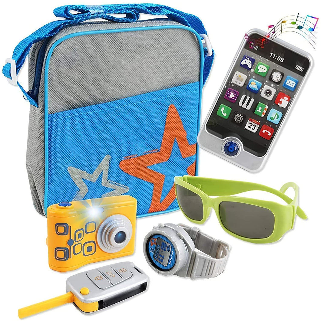 Over the Shoulder Bag Play Set with Pretend Phone Camera and Travel Accessories with Light and Sound Features Great Pretend Play for Kids-BBC-PC