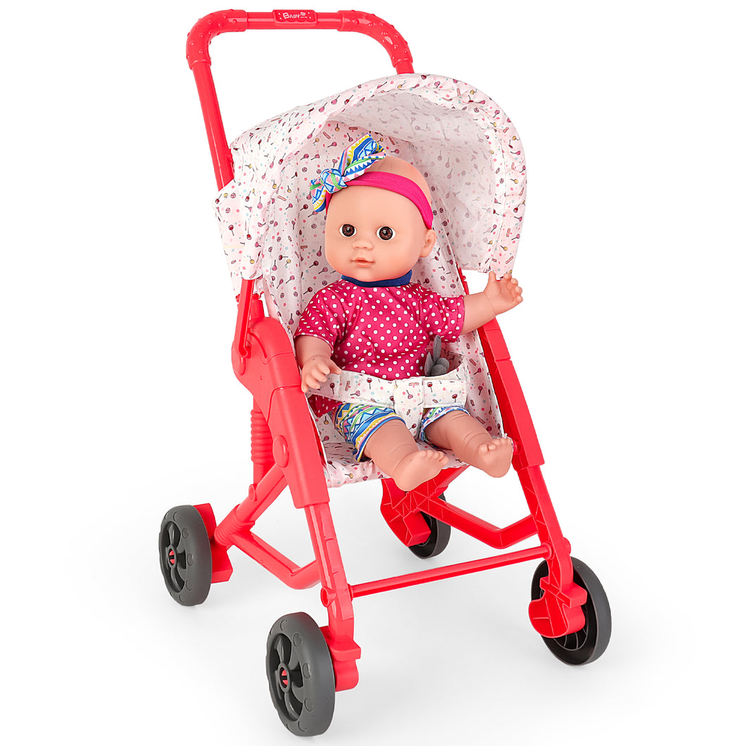 Baby Doll Stroller Set Pushchair Doll Playset with Soft Smooth 13 Inch New-born Realistic Doll Great Nurturing Nursery Role Play Set-BD-C8-U