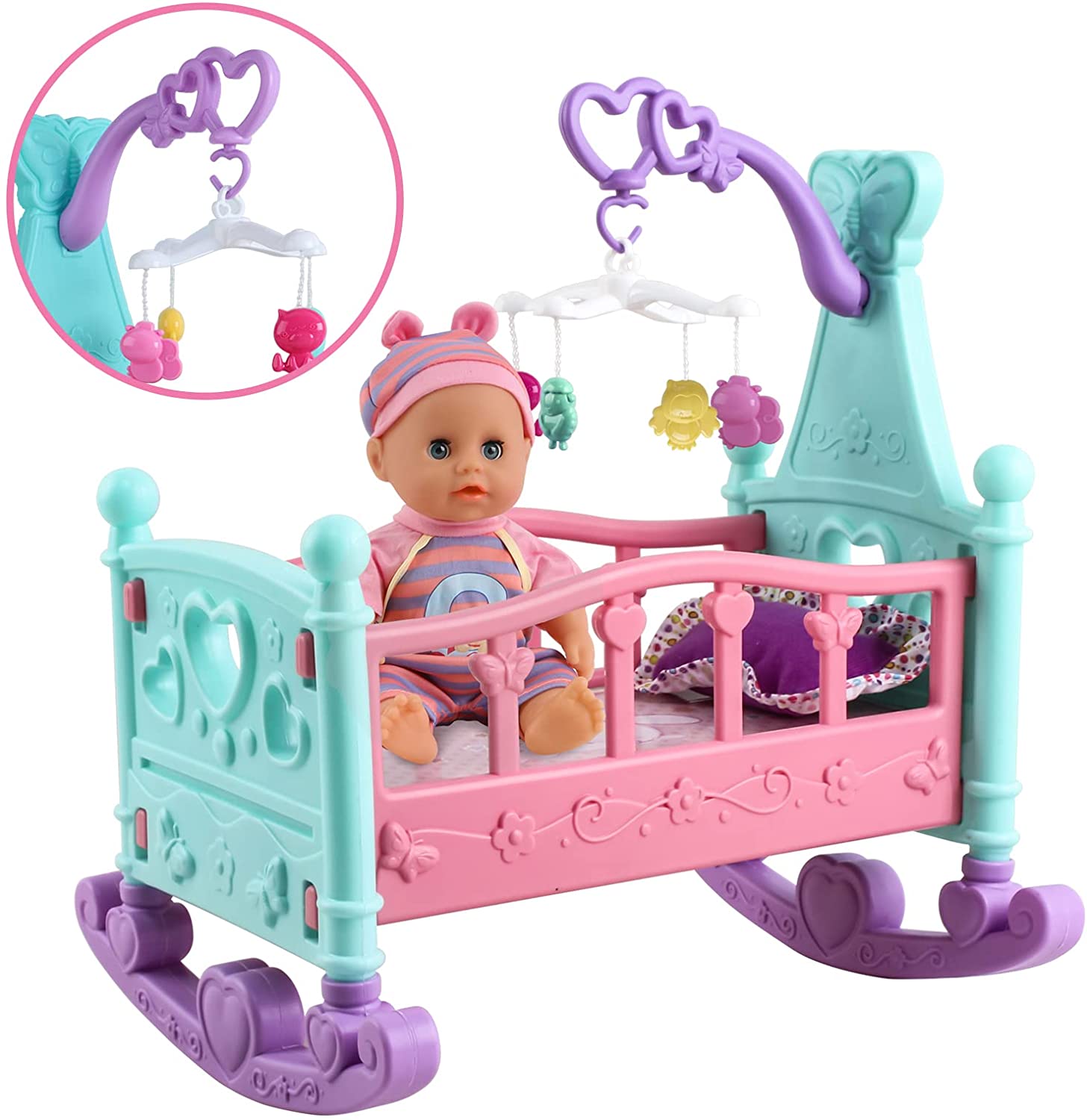 12 My First Baby Doll 15 Pieces Play Set with Miniature Crib Mobile High Chair Baby Doll Kids Toys Prefect Christmas Gift