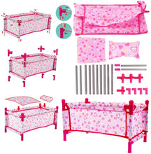 Load image into Gallery viewer, Kids Deluxe 5 -in-1 Baby Doll Pretend Play Set with Cot Bed Bouncer Adjustable Swing Seat and High Chair Accessories (Doll Not Included)-BD-S18
