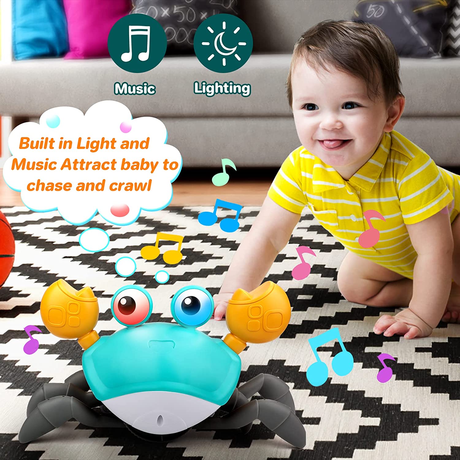 Deejoy Red Crawling Crab Toys with Light Up, Interactive Musical Toy with  Automatically Avoid Obstacles, USB Rechargeable, Fun Moving Toy for Babies