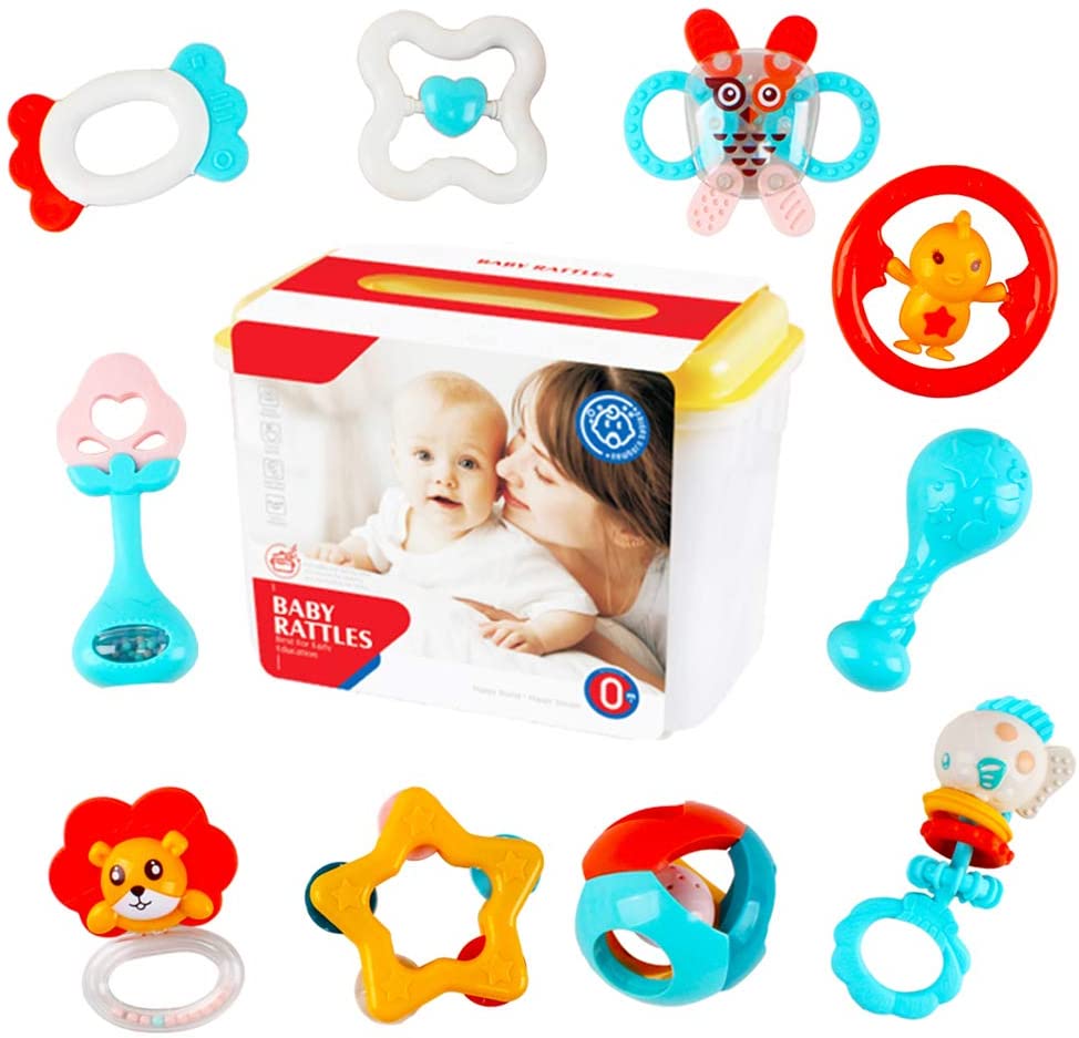 10 Pcs Nursery Infant Rattle and Teethers Early Education Shaker Grab and Spin Baby Toys with Portable Storage Box Christmas Gift Toys-BTS-R