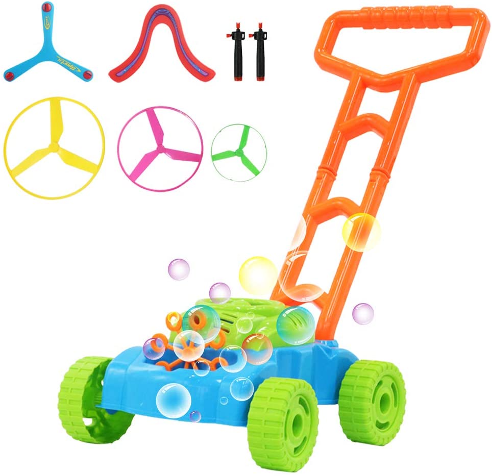 2-in-1 Super Bubble Push along Lawnmower Toy Machine Boomerangs and UFO Flyers for Indoor and Outdoor Use–Great Christmas Gift for Kids-BUBB-M