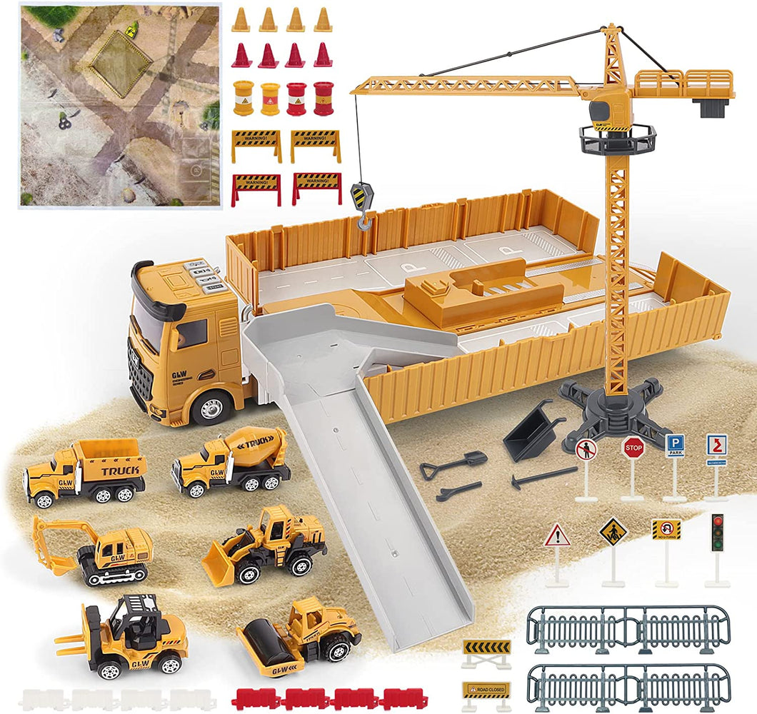 Construction Truck Set with Cargo Truck with Bulldozer, Tractor, Forklift, Mixer, Excavator, Crane and Dumper- Great Gift-CON3