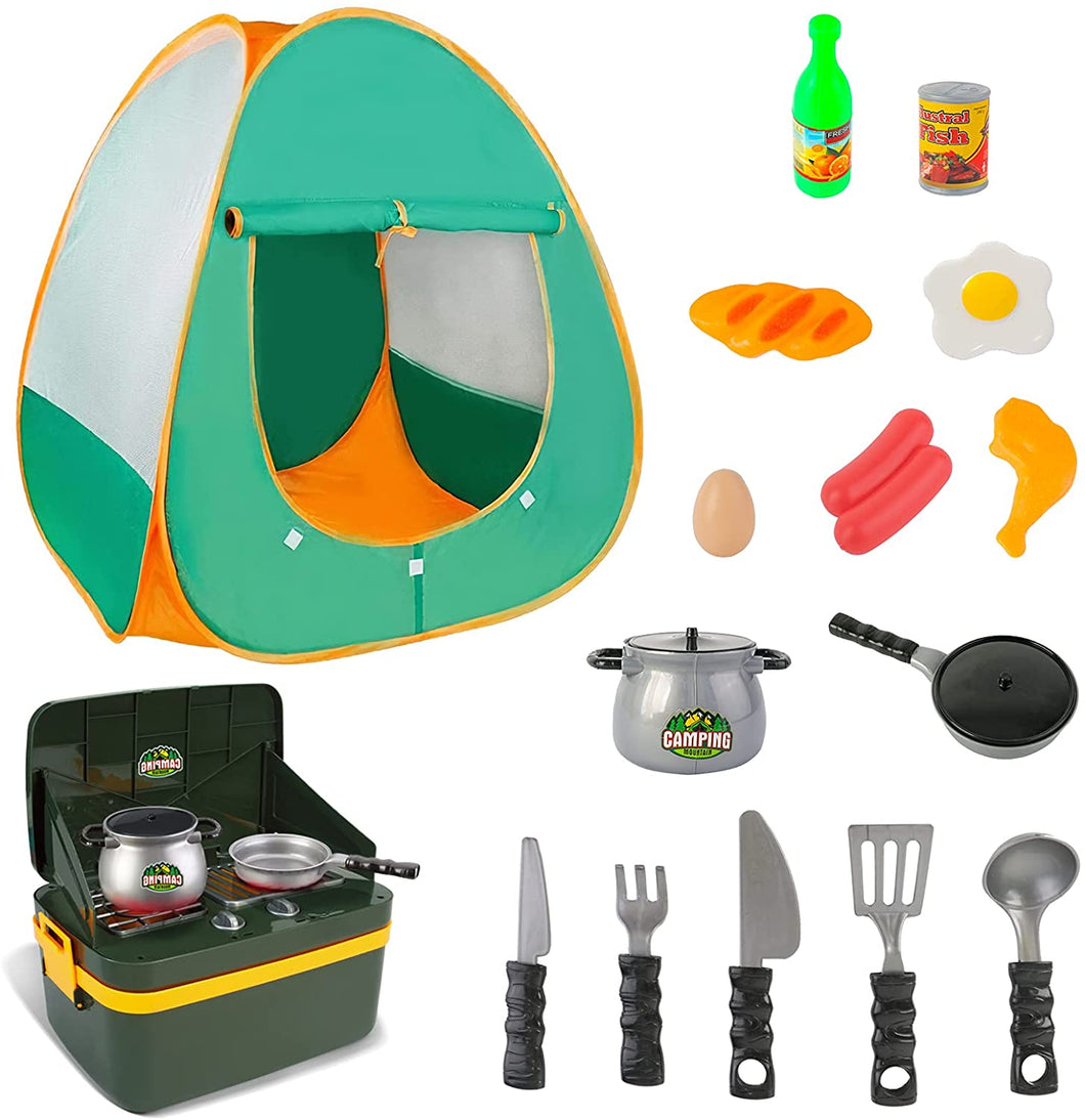 Pretend Play Camp Set Survival Kit with Large Tent and a Mini Portable Kitchen Oven Indoor and Outdoor Toy for Children -CP-GN-2
