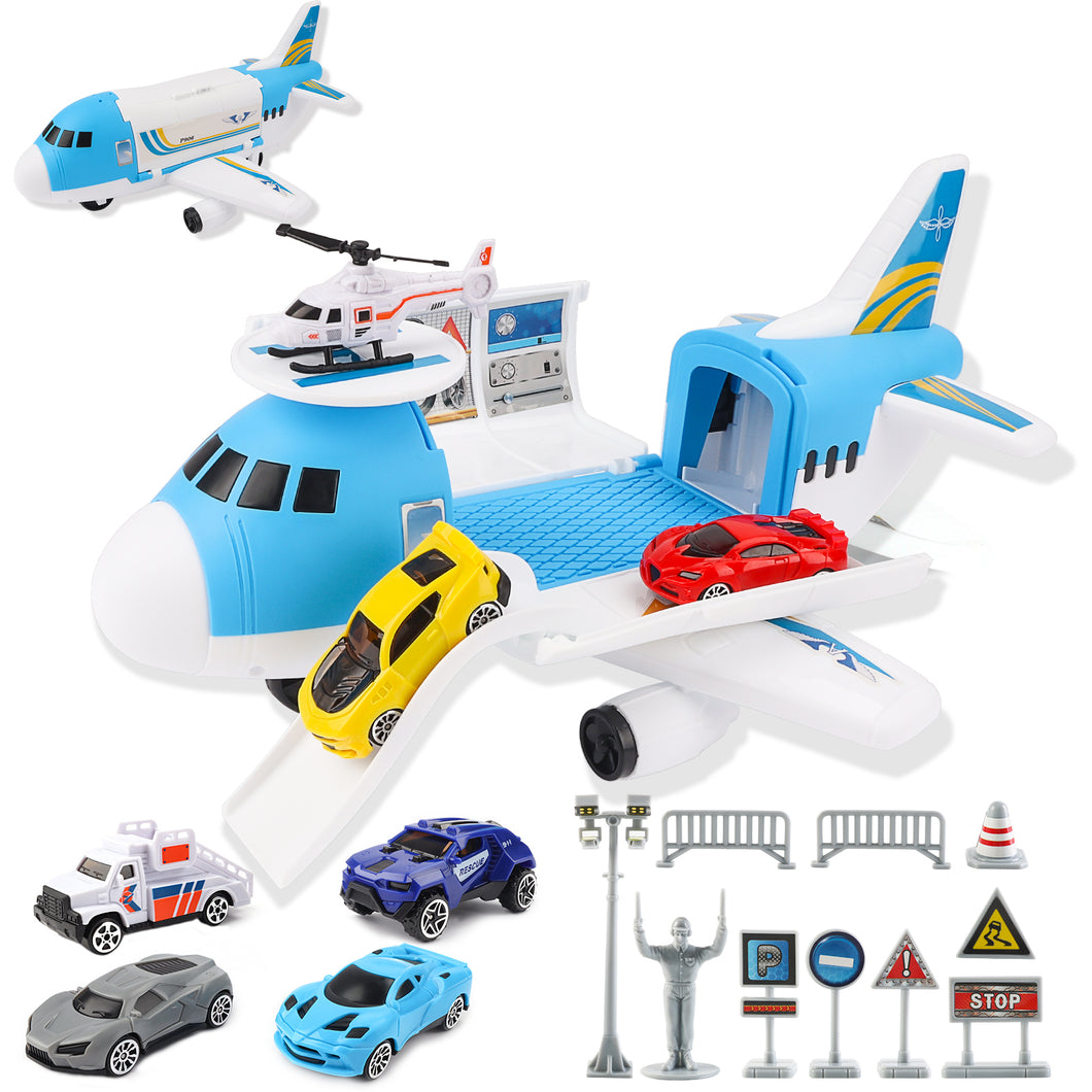 Transport Cargo DIY Plane Car Toy Play Set with Ramp and 4 Mini Car, 1 Helicopter Included - Fun Educational Toy for Kids-CPS-B
