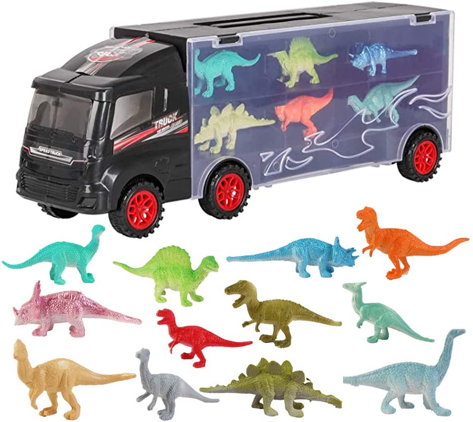 Dinosaur Transporter Truck Carrycase Carrier Miniature T-Rex Triceratops Spinosaurus Pterodactyl Figures Christmas Gift Toy for Kids-CR-DINO