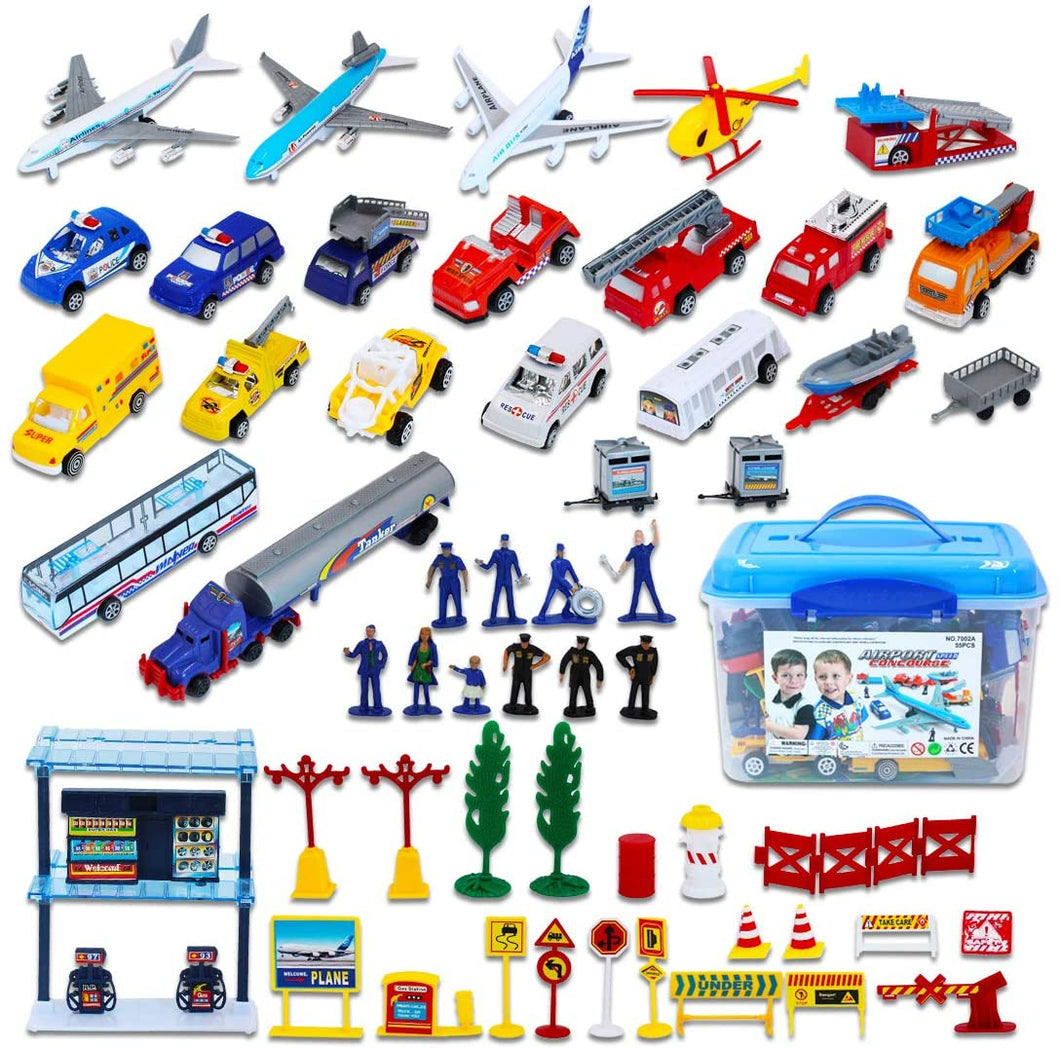 Deluxe 55-Piece Kids Commercial Airport Play Set in Storage Bucket with Toy Airplanes, Play Vehicles, Police Figures, and Accessories-CV2