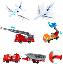 Load image into Gallery viewer, Deluxe 55-Piece Kids Commercial Airport Play Set in Storage Bucket with Toy Airplanes, Play Vehicles, Police Figures, and Accessories-CV2
