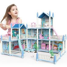 Load image into Gallery viewer, 3D DIY My first Dolls House Kids Blue Portable Dollhouse Large Three Story Princess Castle Playset With Furniture outdoor Space

