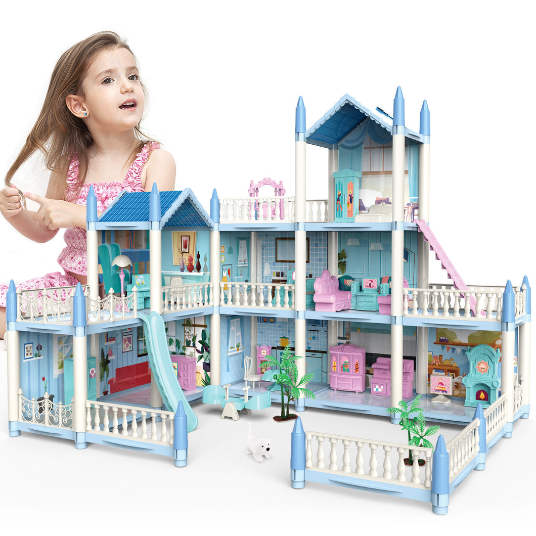 3D DIY My first Dolls House Kids Blue Portable Dollhouse Large Three Story Princess Castle Playset With Furniture outdoor Space