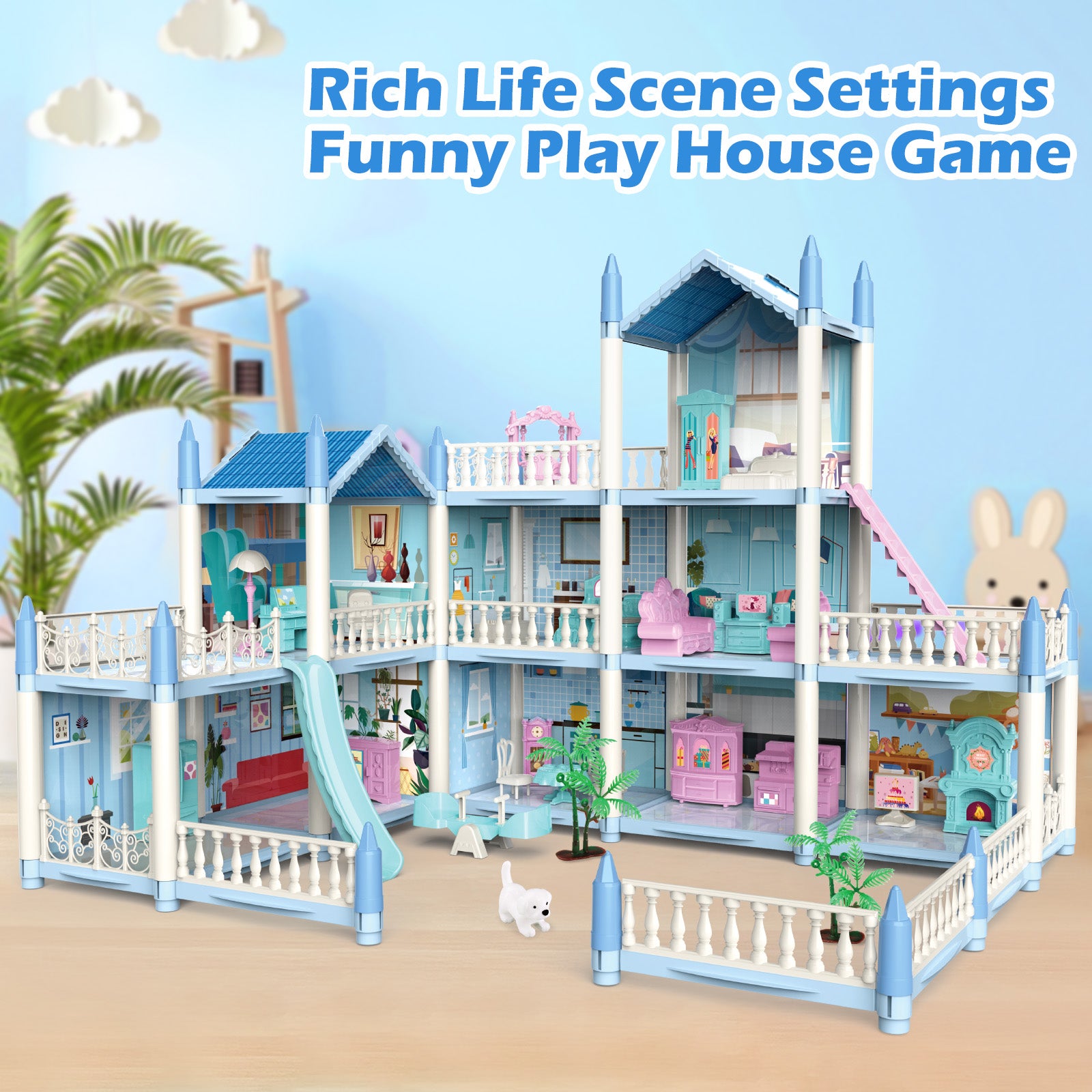 3D DIY My first Dolls House Kids Blue Portable Dollhouse Large Three S –  deaotoys