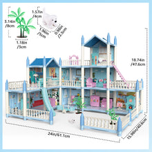 Load image into Gallery viewer, 3D DIY My first Dolls House Kids Blue Portable Dollhouse Large Three Story Princess Castle Playset With Furniture outdoor Space
