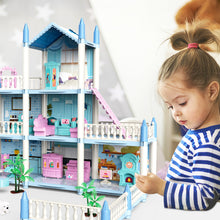 Load image into Gallery viewer, 3D DIY My first Dolls House Kids Blue Portable Dollhouse Large Three Story Princess Castle Playset With Furniture outdoor Space
