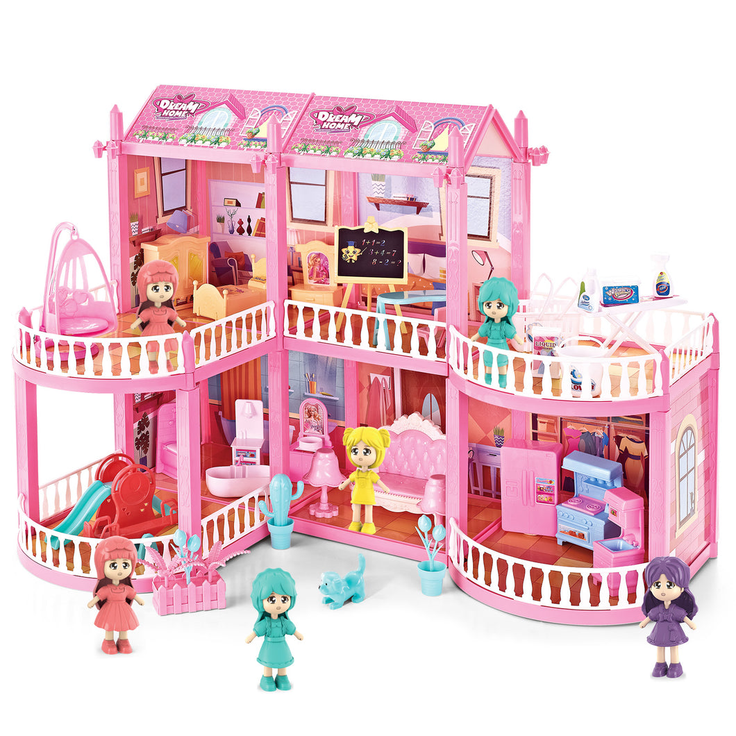 Dollhouse with 6 Doll, Dream House for Girls, Kids Pink Story Princess Castle Dolls House Playset with Furniture Accessories for Girls Boys