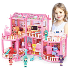 Load image into Gallery viewer, Dollhouse with 6 Doll, Dream House for Girls, Kids Pink Story Princess Castle Dolls House Playset with Furniture Accessories for Girls Boys
