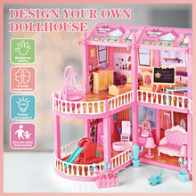 Load image into Gallery viewer, Dollhouse with 6 Doll, Dream House for Girls, Kids Pink Story Princess Castle Dolls House Playset with Furniture Accessories for Girls Boys
