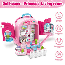 Load image into Gallery viewer, 3-In-1 Pink Portable Doll House and Princess Beauty Table Play Set with Accessories Carry Case/Backpack Great Gift for Christmas Birthdays
