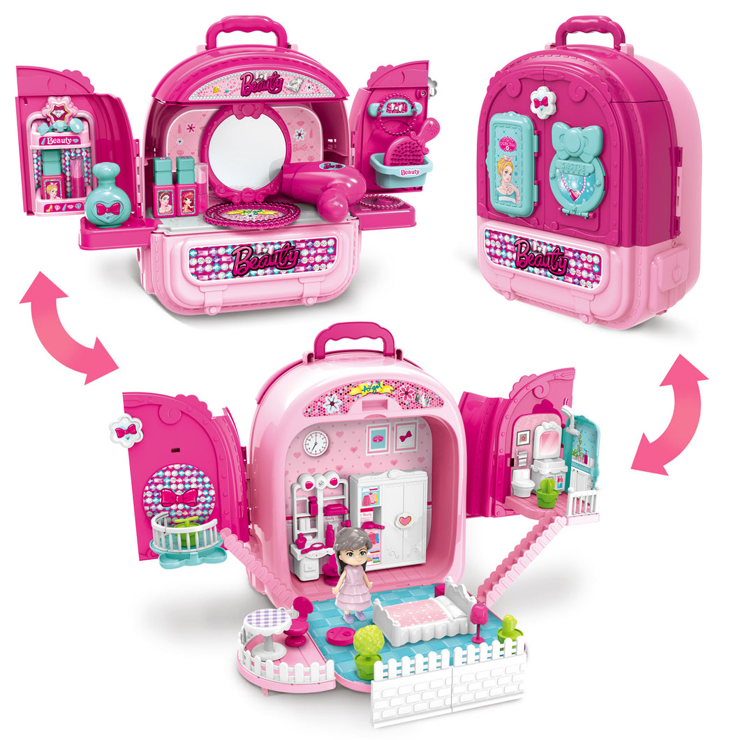 3-In-1 Pink Portable Doll House Princess Beauty Table Play Set w/ Accessories Carry Case/Backpack for Kids Perfect for Christmas Birthdays