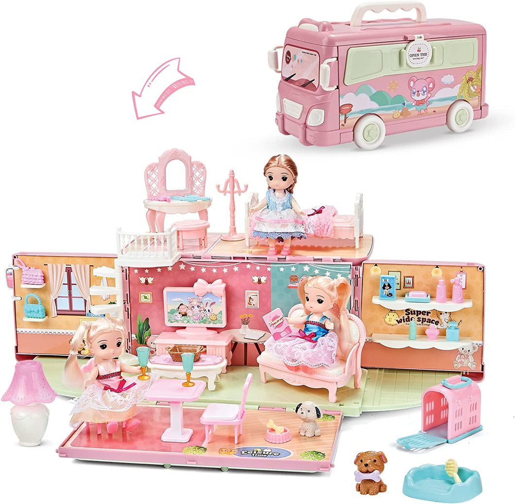 Portable Dollhouse Playset DIY Pretend Portable Caravan Camper Bus Doll Play House Furniture Toy Bedroom Set Family Toys For 3+ Kids-DH-CB