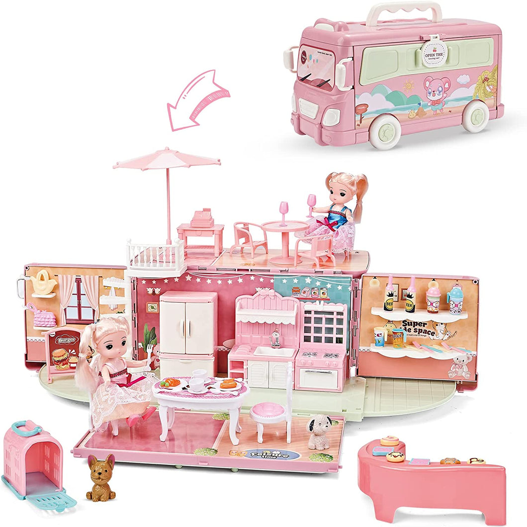 Portable Doll House Kitchen Playset DIY Pretend Portable Caravan Camper Bus Doll Play House Furniture Toy Kit Mini Family Toys for Kids