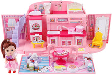 Load image into Gallery viewer, Children’s 2-In-1 Pink Portable Doll House Play Set with Light and Music Functions, Accessories, Carry Case and Doll – Great Gift for Kids-DH-KT
